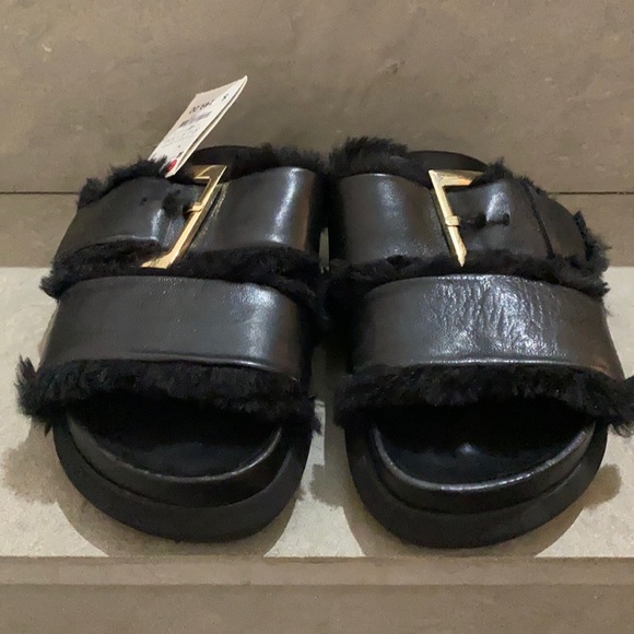 Zara Leather Chunky Sandal w/ Buckle and Faux Fur